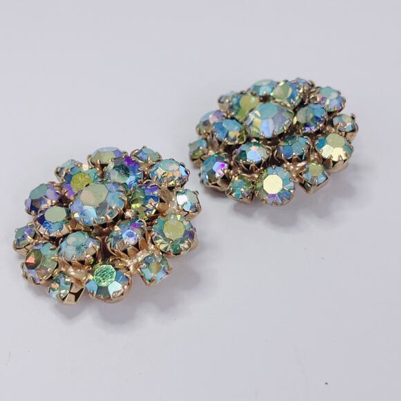 VTG Mid Century Earrings AB Rhinestone Cluster Clip On Gold Tone 1950s 60s - Picture 4 of 16